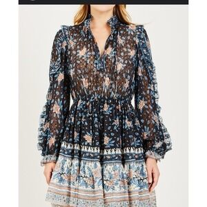 Ulla Johnson Dani Dress Floral Silk Long Sleeve Ruffle Mini 2 Boho Cottage Flaw*